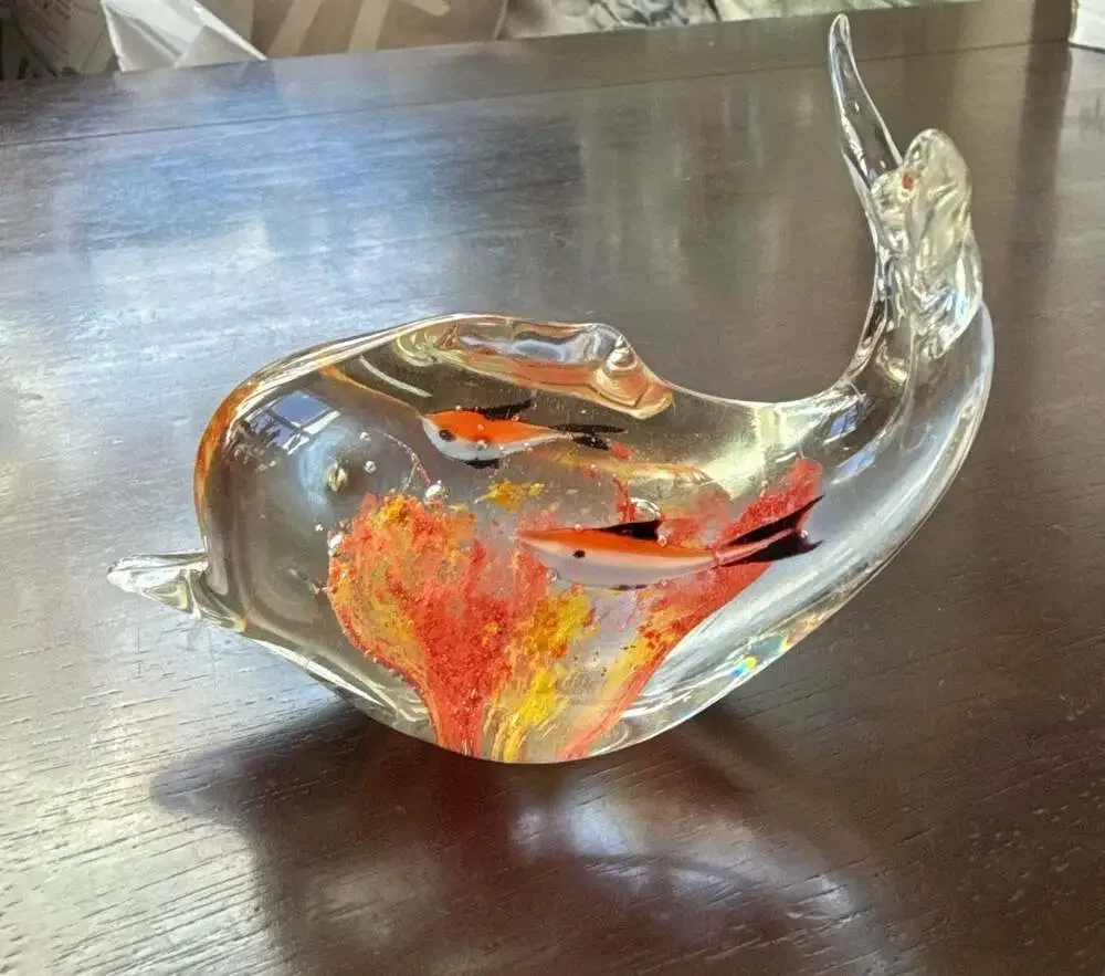 Clear Art Glass Whale Figurine Paperweight with Internal Fish and Reef Detail